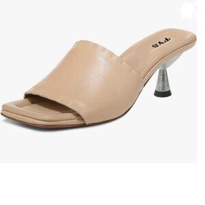 FYS Nude Square Open Toe Slip On Mules Metal Low Kitten Heel Slipper Sandals